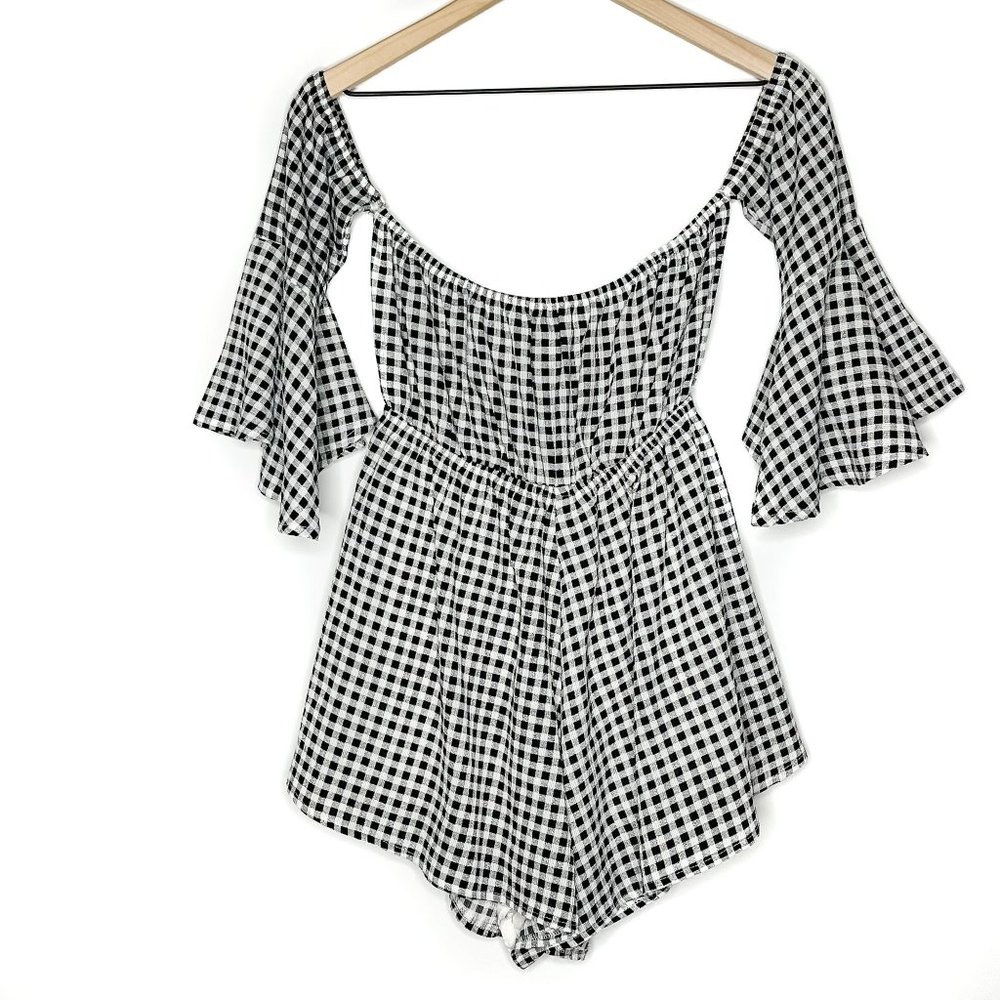 Raised By Wild Off Shoulder Gingham Romper - Picture 2 of 5